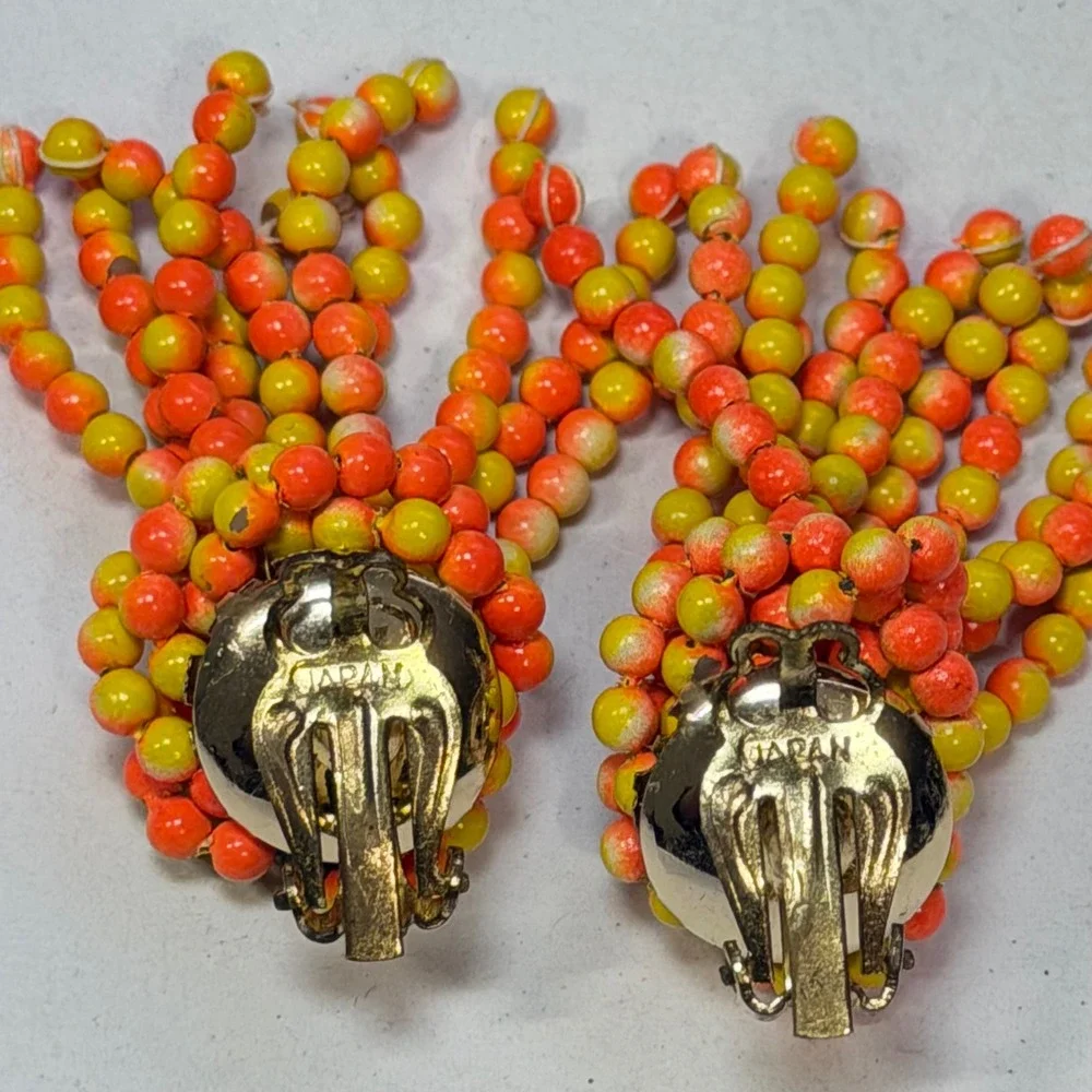 Vintage Japan Citrus Orange Yellow Cha Cha Bead Clip-On Tassel Fringe  Earring